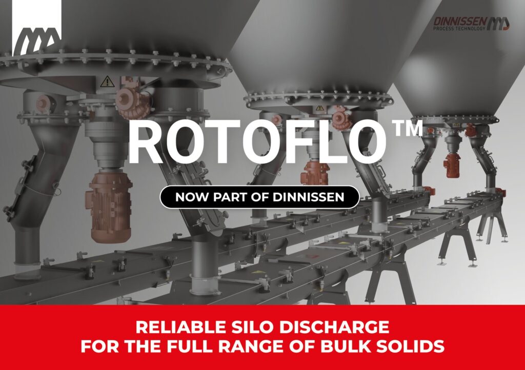Aankondigingsbeeld met de naam Rotoflo boven een render van silo-uitdraagunits, een zwart label met de tekst Now part of Dinnissen en een rode balk over betrouwbare silo-uitvoer