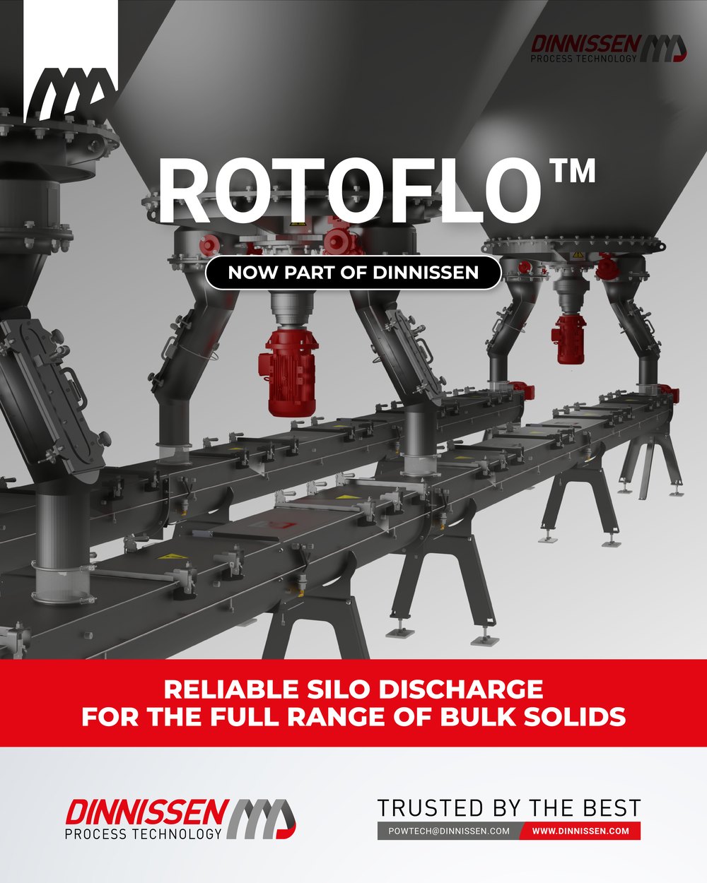 Staande poster met Rotoflo silo-uitdraagunits met rode motoren boven twee transporteurs, het label Now part of Dinnissen en het logo van Dinnissen Process Technology