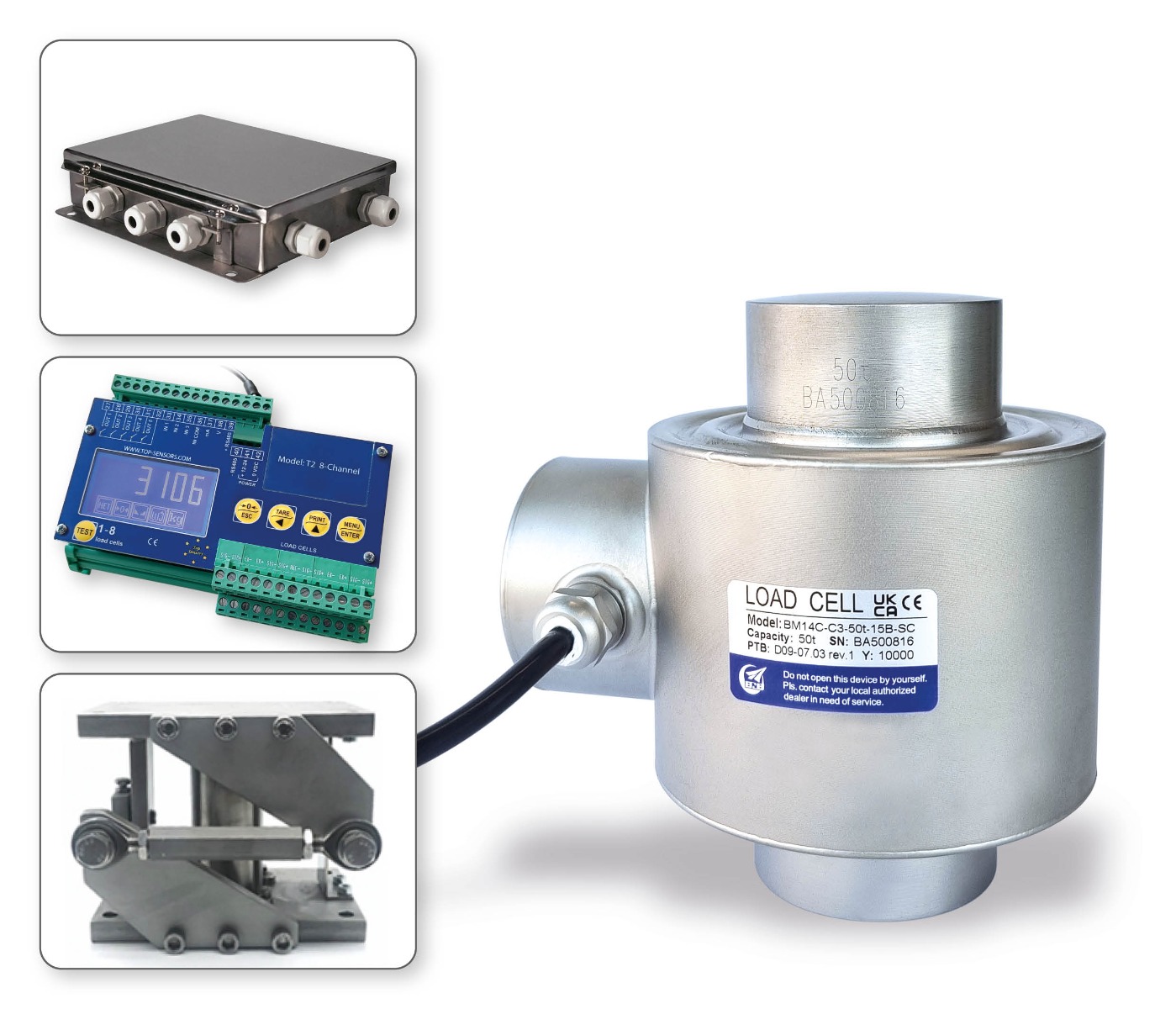 Verschillende aanzichten van de roestvrijstalen BM14C compressie loadcell