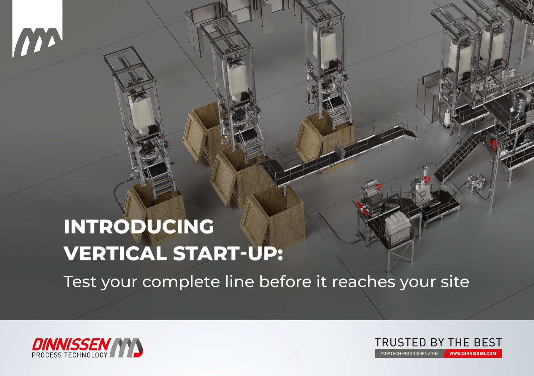 3D-render van bigbag-losstations in geopende houten transportkisten naast een complete productielijn, met de tekst Introducing Vertical Start-up: Test your complete line before it reaches your site en het logo van Dinnissen Process Technology