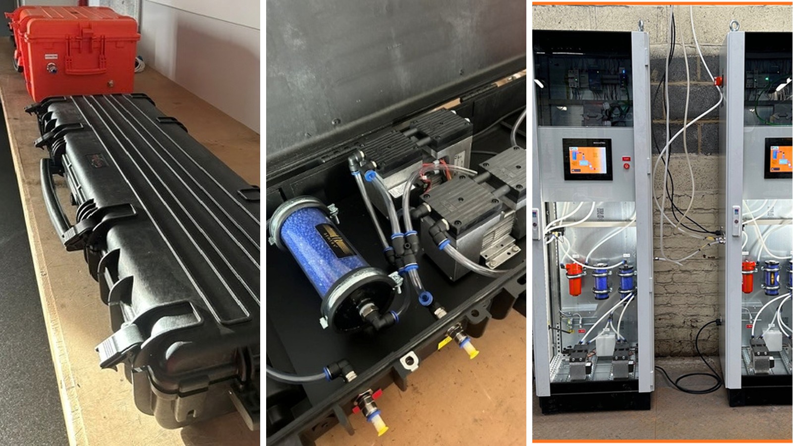 Collage van Optyl OMK-apparatuur: een zwarte transportkoffer naast een oranje koffer, een pompkoffer met blauw filter en twee meetkasten