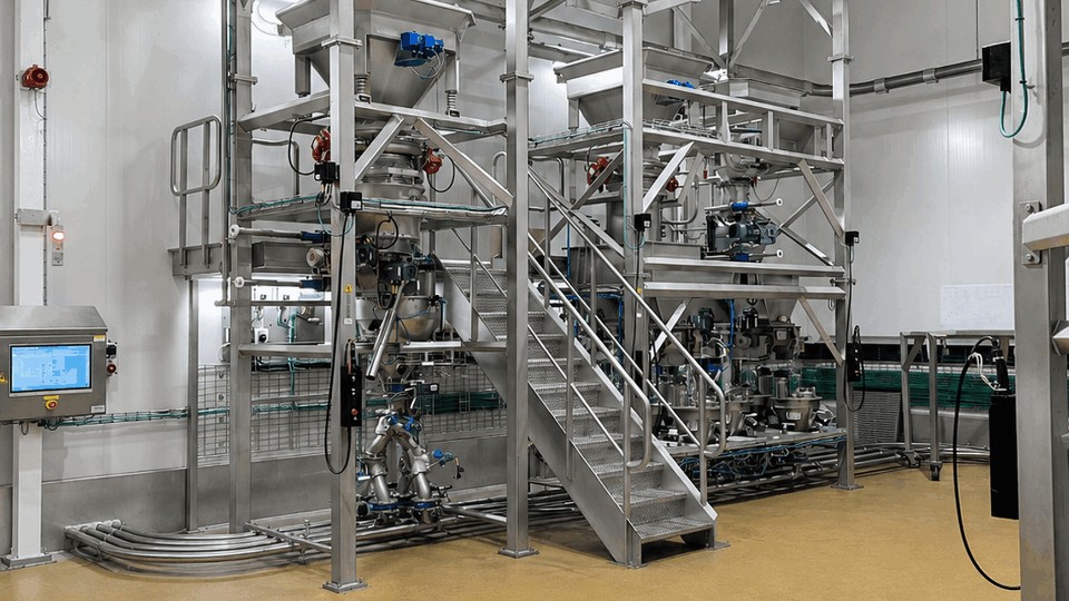 Roestvrijstalen installatie met trappen en bordessen, big bag-losstations, weeghoppers en een bedieningspaneel in een hygiënische productieruimte