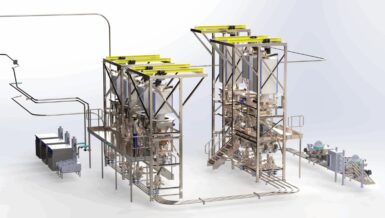 3D-render van twee stalen bordessen met big bag-losstations, weeghoppers en pneumatische transportleidingen naar de productielijnen