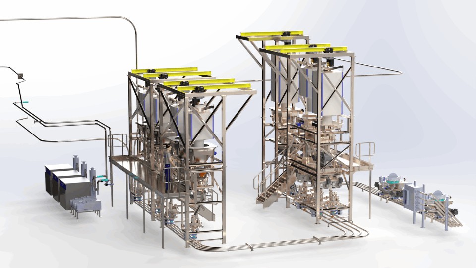 3D-render van twee stalen bordessen met big bag-losstations, weeghoppers en pneumatische transportleidingen naar de productielijnen